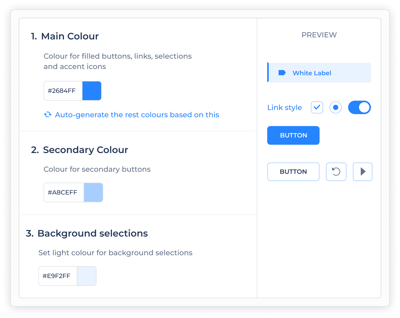 White Label colour settings panel with main, secondary and background colour controls and a live preview